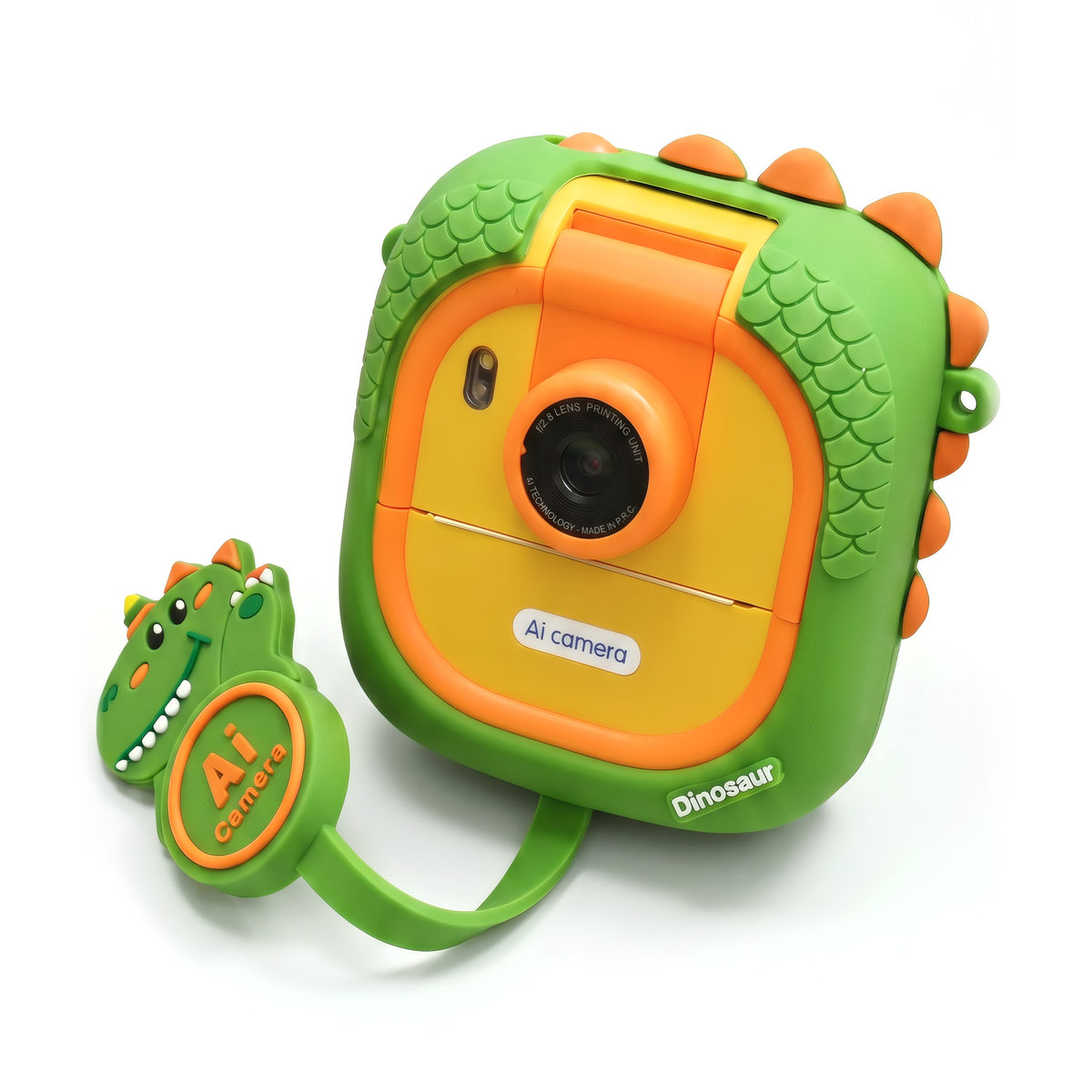 KIDSAICAM camera with lens cover off - Green Dinosaur